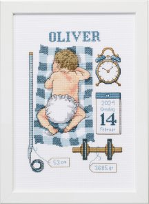 Doptavla Oliver artnr 92-0851 namntavla doptavla permin blå handarbetsboden i örebro räknat broderi korsstygn